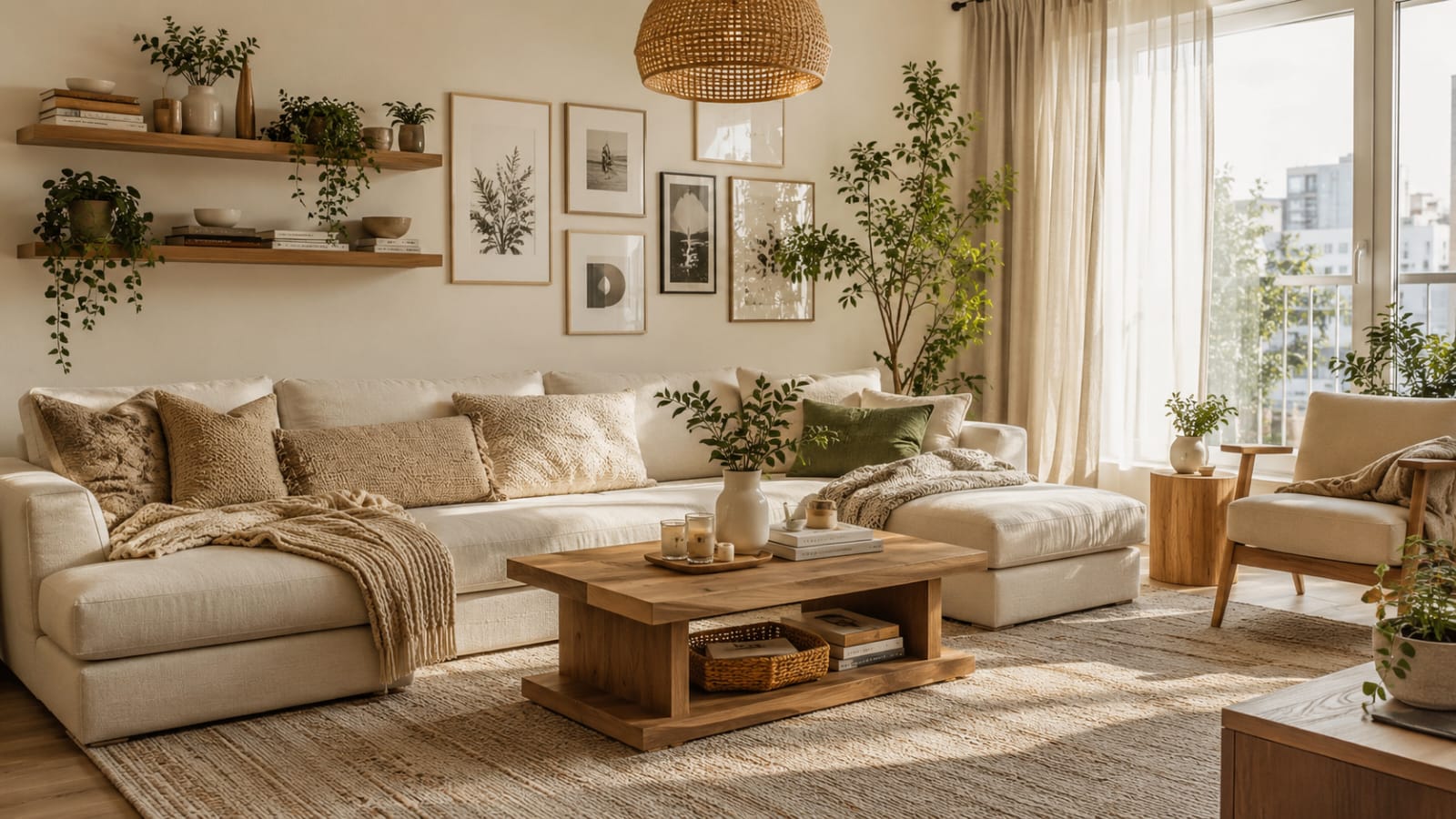 Modern small apartment living room with a cream sectional sofa, floating wooden shelves, gallery wall, rattan pendant light, and neutral Scandinavian Japandi decor