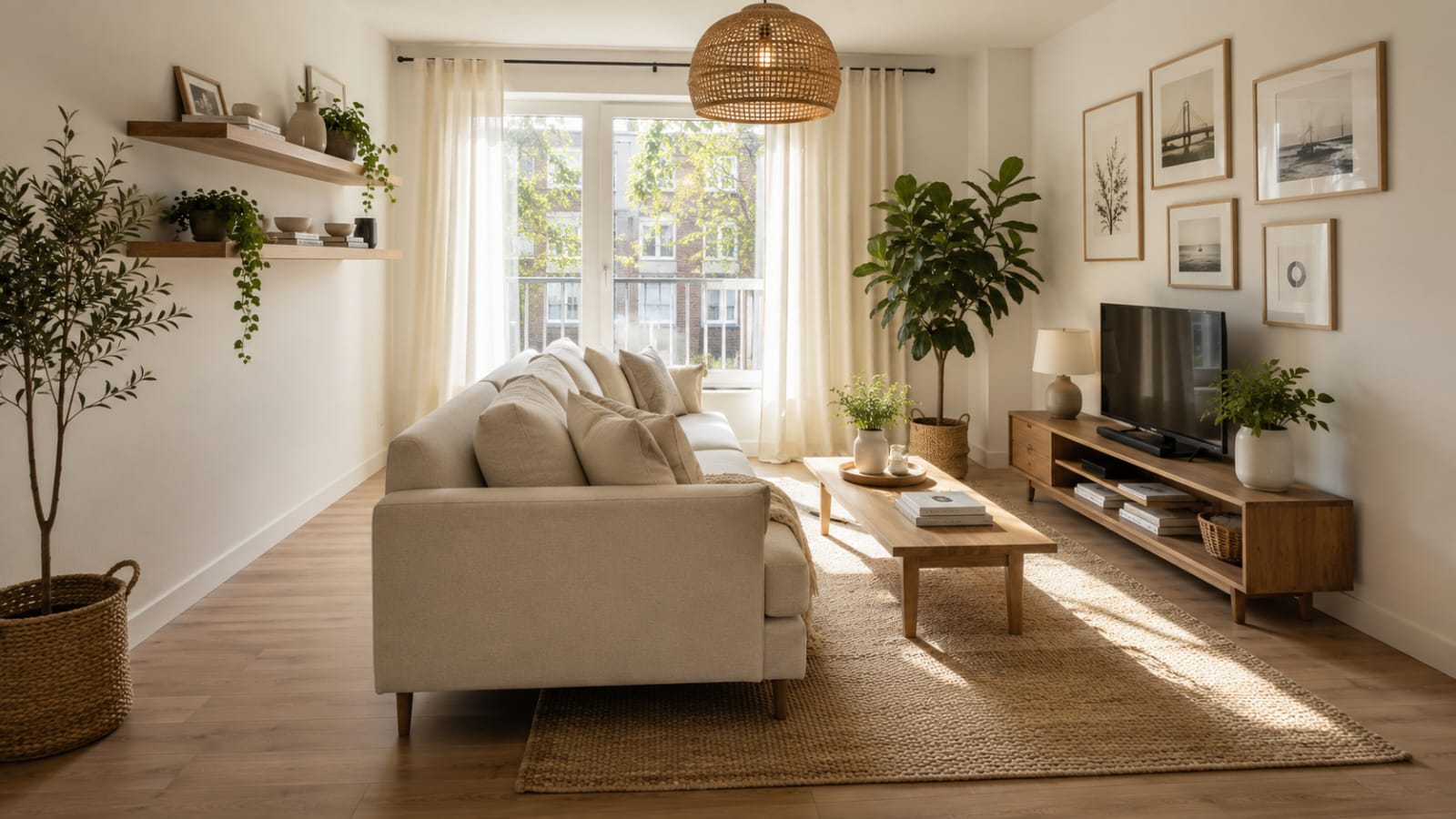 Small apartment living room with cream sofa floated away from wall and large neutral rug showing living room decor ideas for small apartments