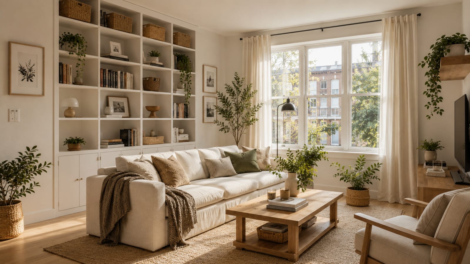 Tall white bookshelf in a small apartment living room with woven baskets, books, and plants for vertical storage.