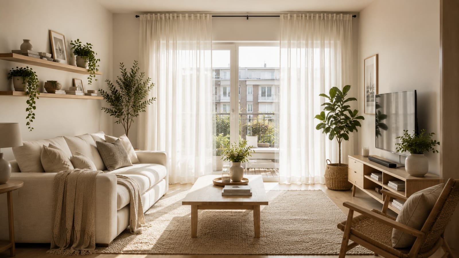 Small apartment living room with floor-to-ceiling sheer white curtains, cream sofa, and Scandinavian Japandi decor that makes the space feel brighter and larger.