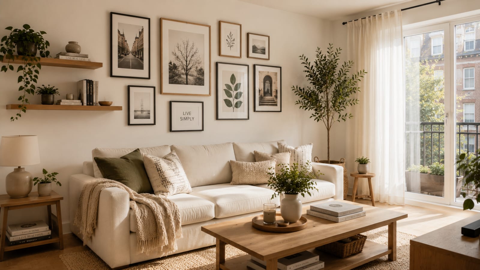 Small apartment living room with a modern gallery wall above a cream sofa in Scandinavian Japandi style.