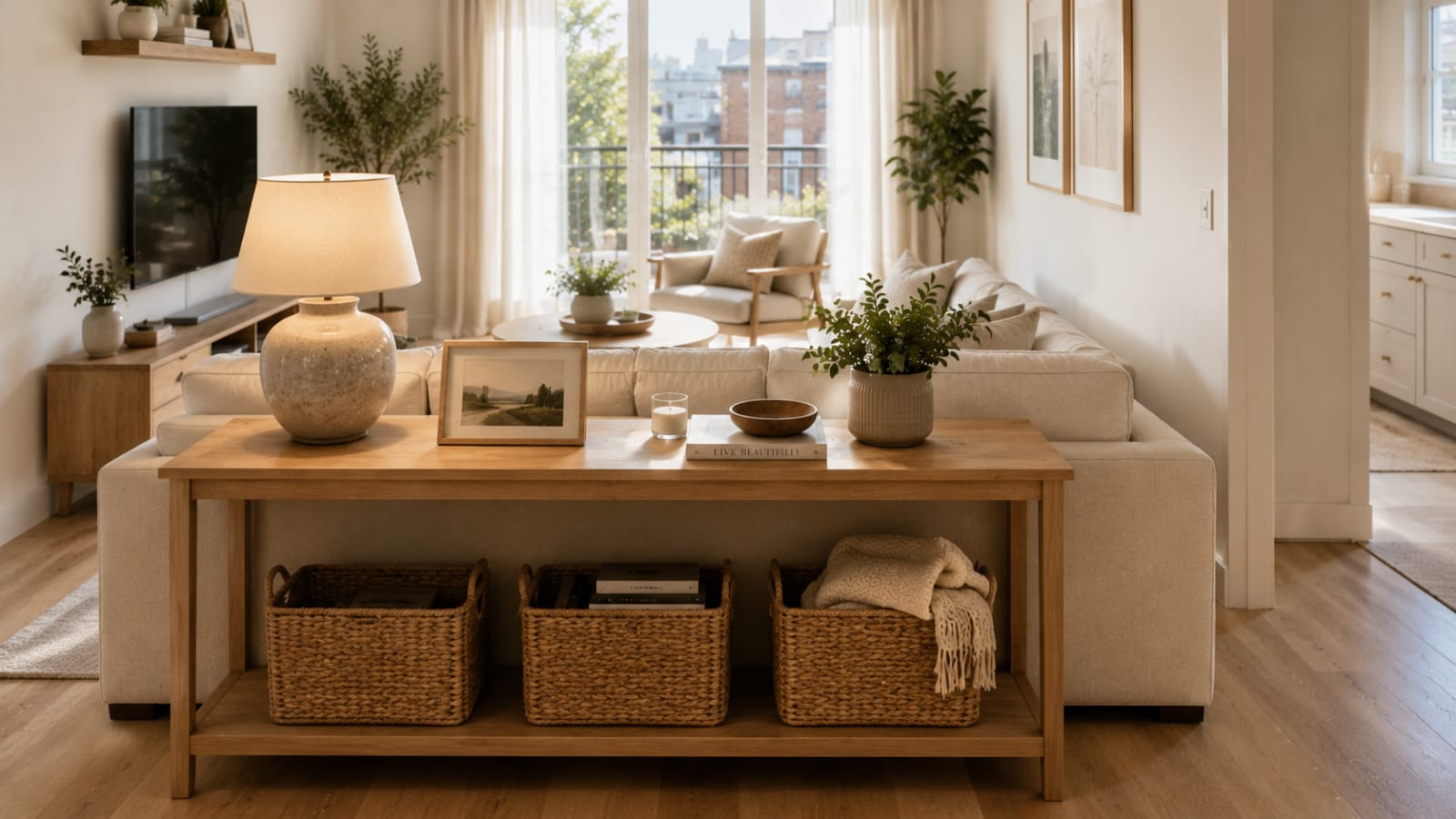 Slim wooden console table behind a cream sofa in a small apartment living room with stylish storage and decor.