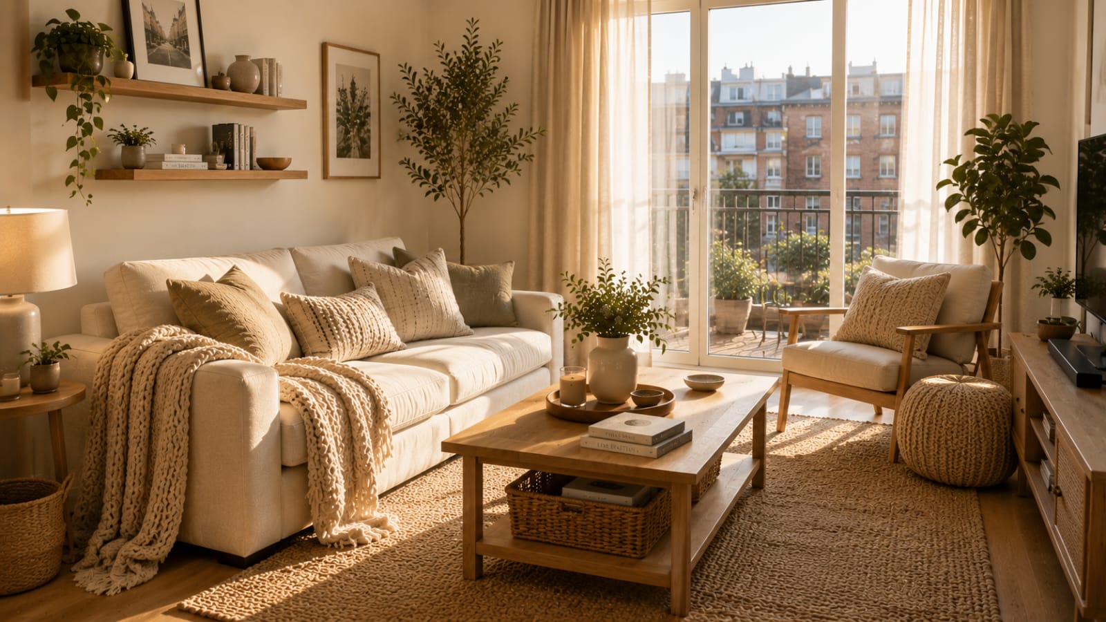 Cozy small apartment living room with a chunky knit throw, woven cushions, jute rug, and Scandinavian Japandi decor.