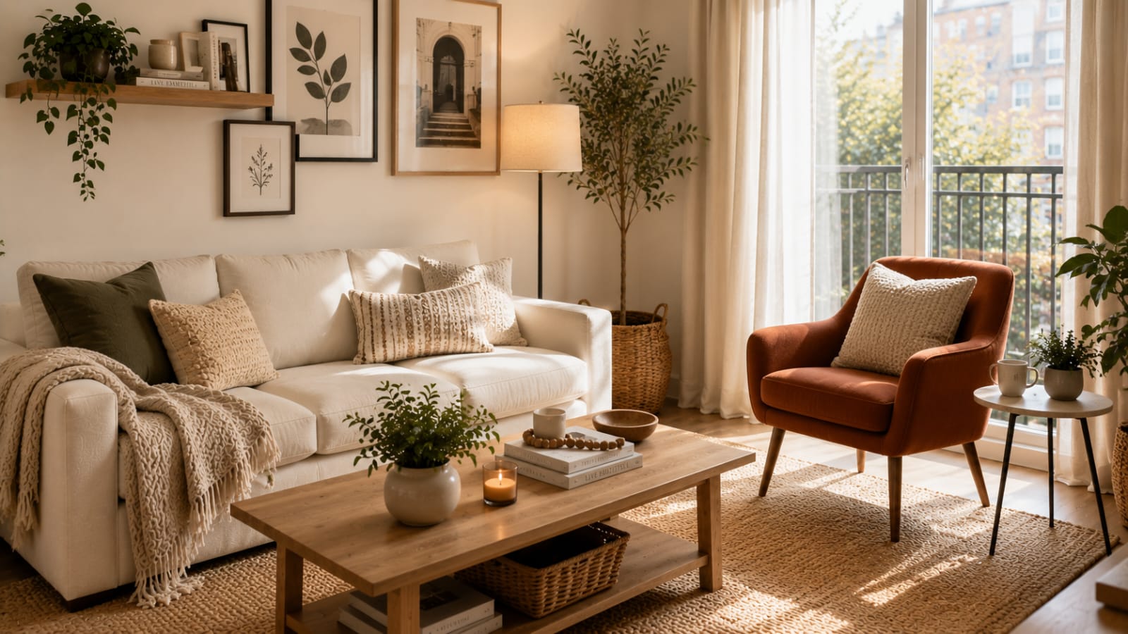 Cozy small apartment living room with a chunky knit throw, woven cushions, jute rug, and Scandinavian Japandi decor.