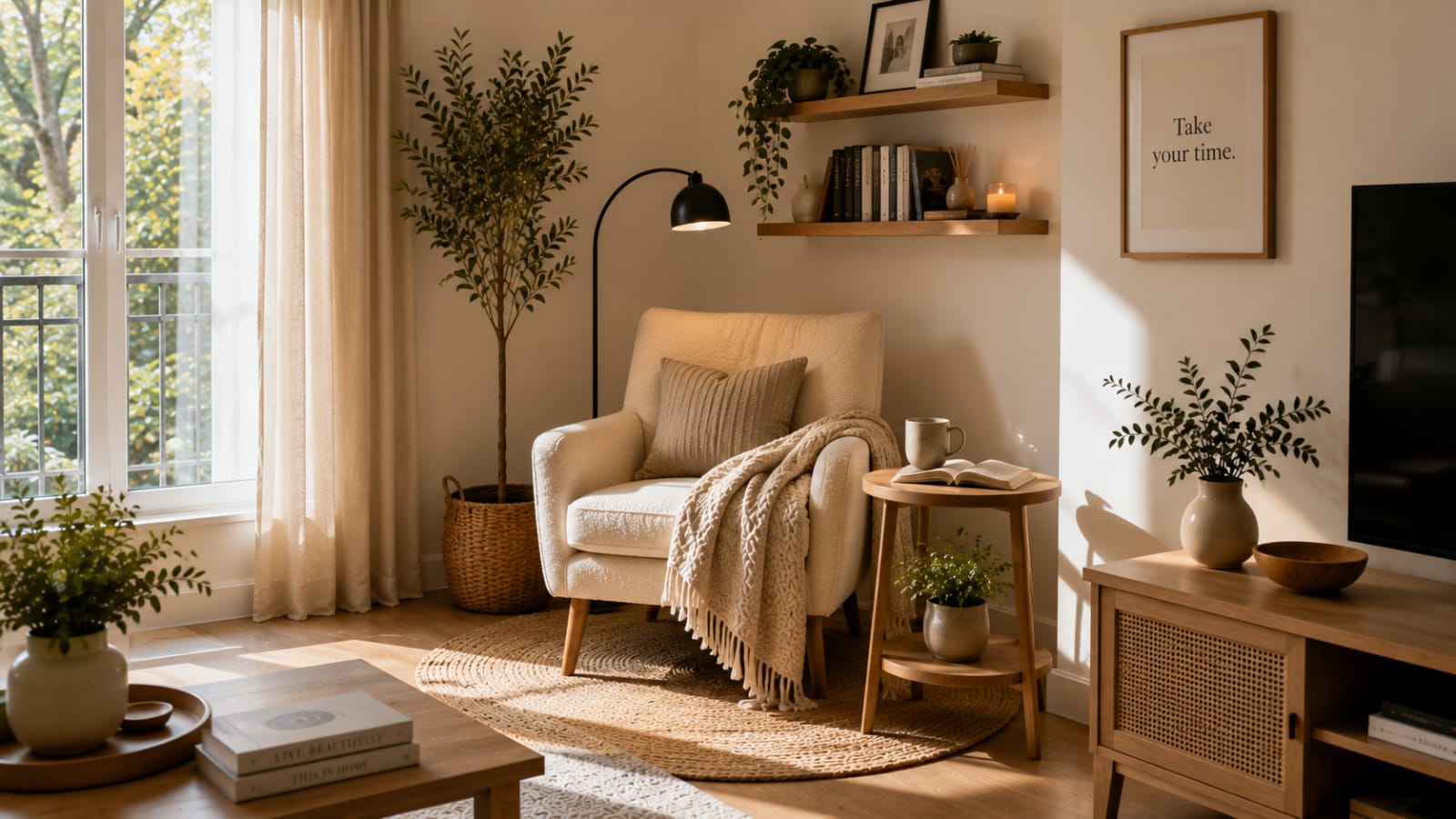 Cozy reading nook in a small apartment living room with a cream armchair, floor lamp, and wooden side table.