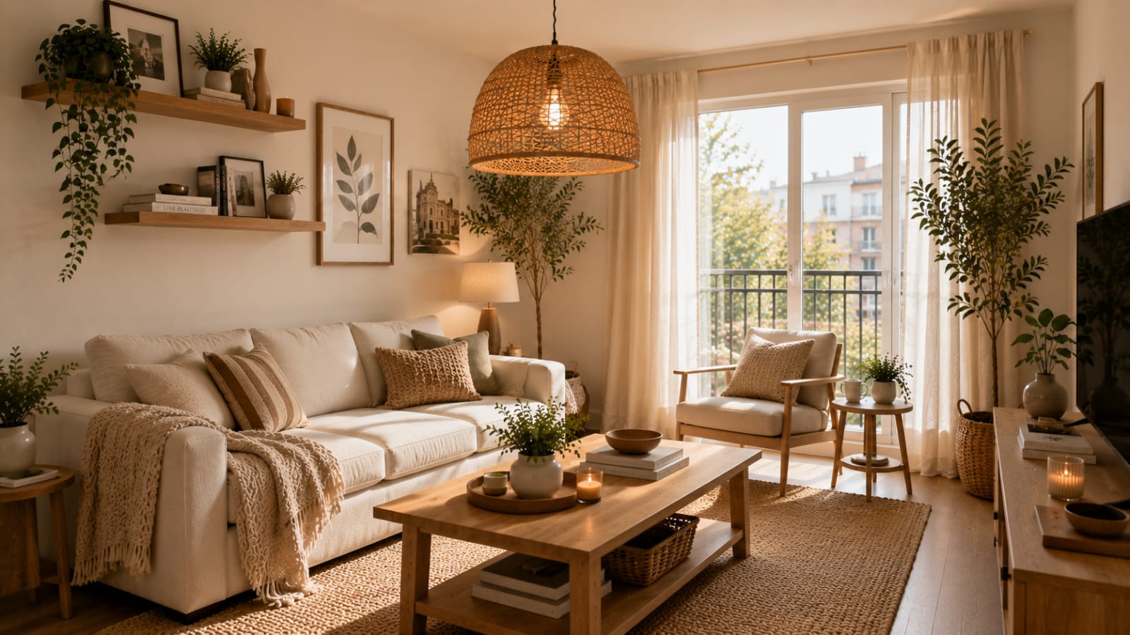 Small apartment living room with a woven rattan pendant light in Scandinavian Japandi style.