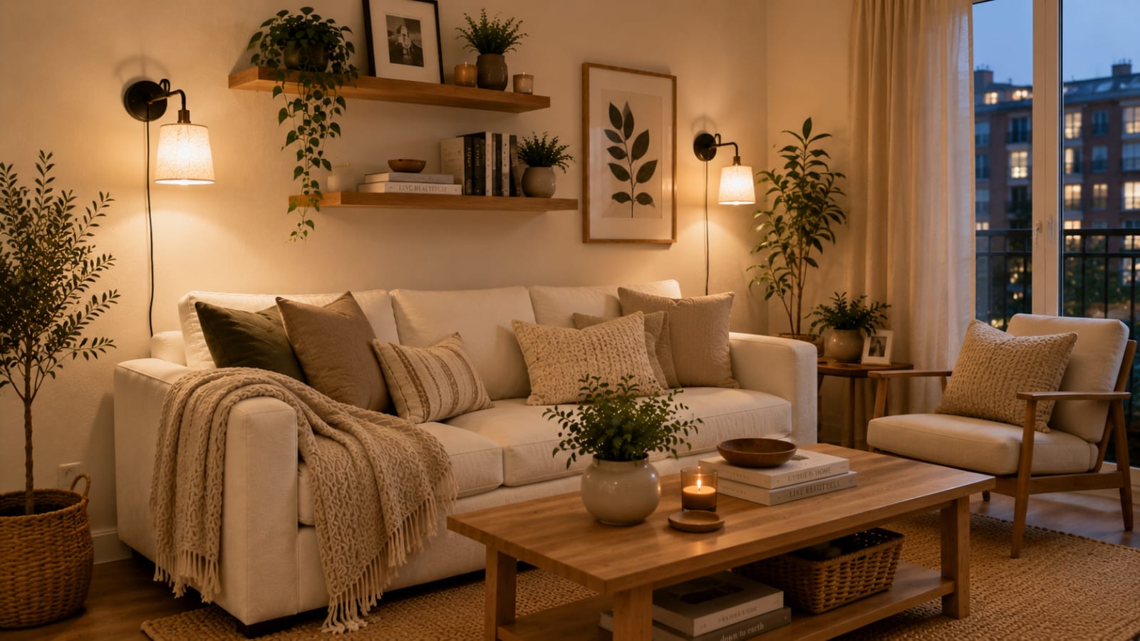 Small apartment living room with plug-in wall sconces on both sides of a cream sofa in Scandinavian Japandi style.