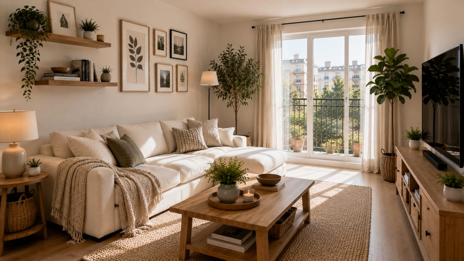 Organized small apartment living room with clutter-free Scandinavian Japandi decor and smart space-saving design.