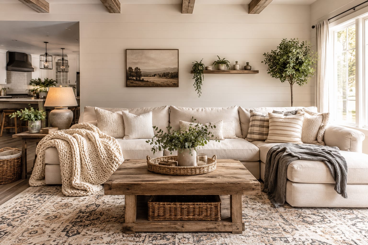 Farmhouse living room decor ideas with neutral linen sofa, reclaimed wood coffee table, layered throw pillows, and cozy modern farmhouse style.