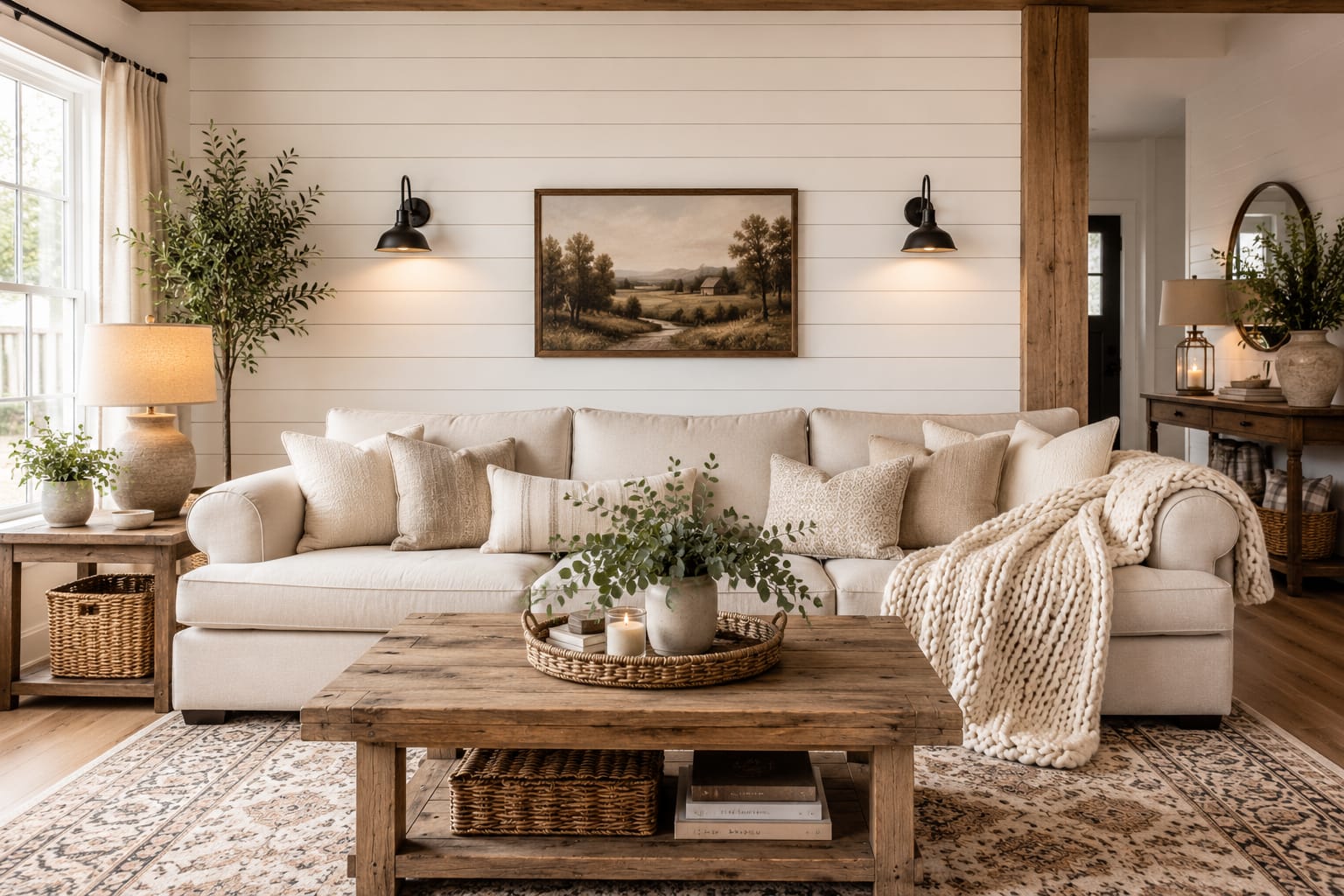 White shiplap accent wall in a modern farmhouse living room with cozy neutral decor.