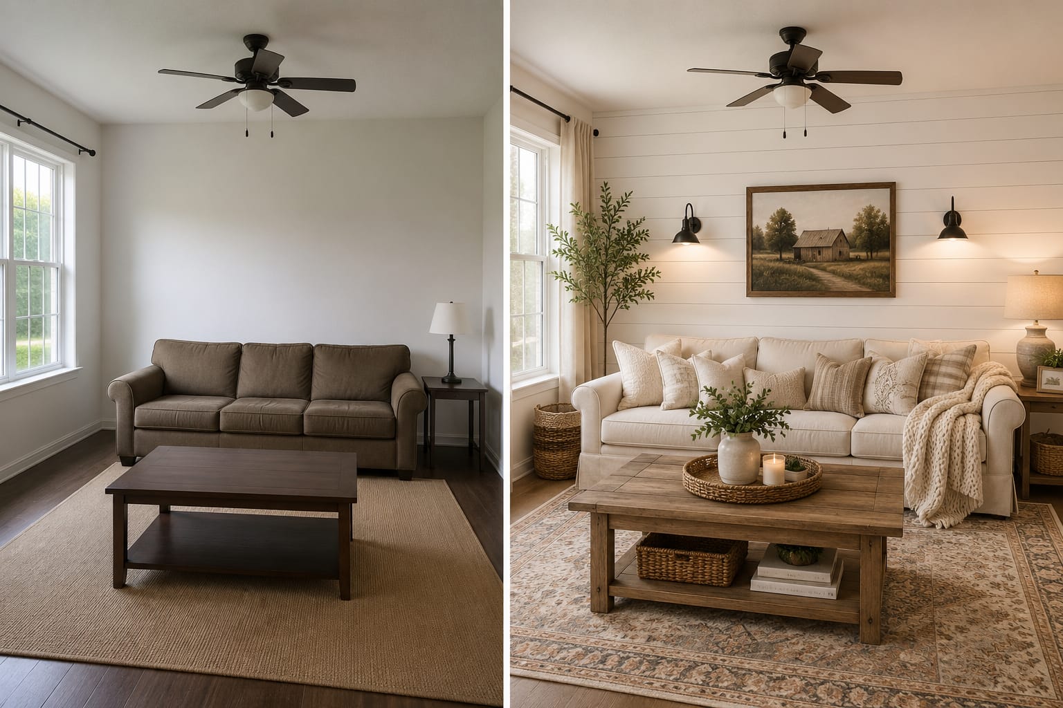 Before and after farmhouse living room makeover showing a cozy modern farmhouse transformation.