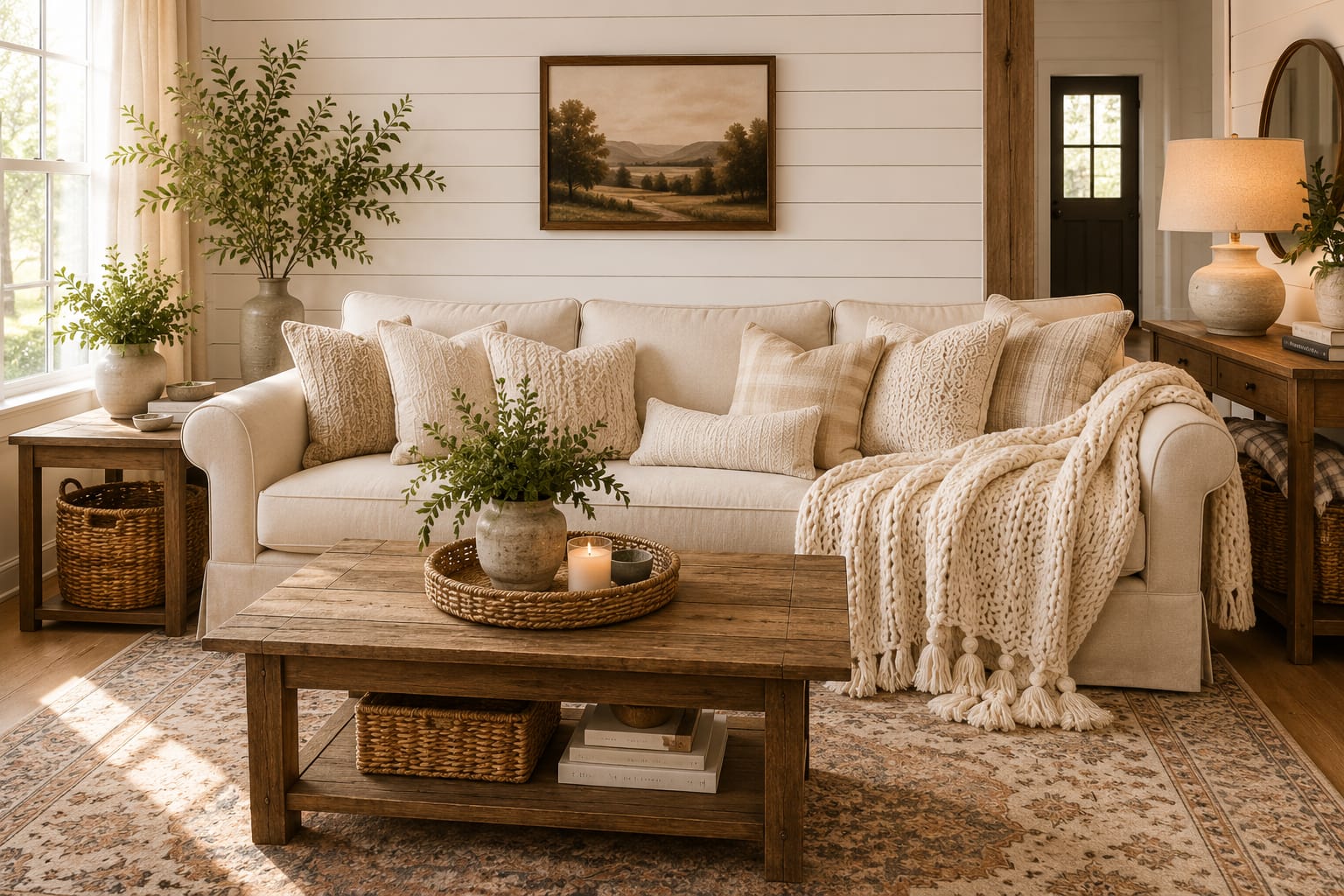 Before and after farmhouse living room makeover showing a cozy modern farmhouse transformation.