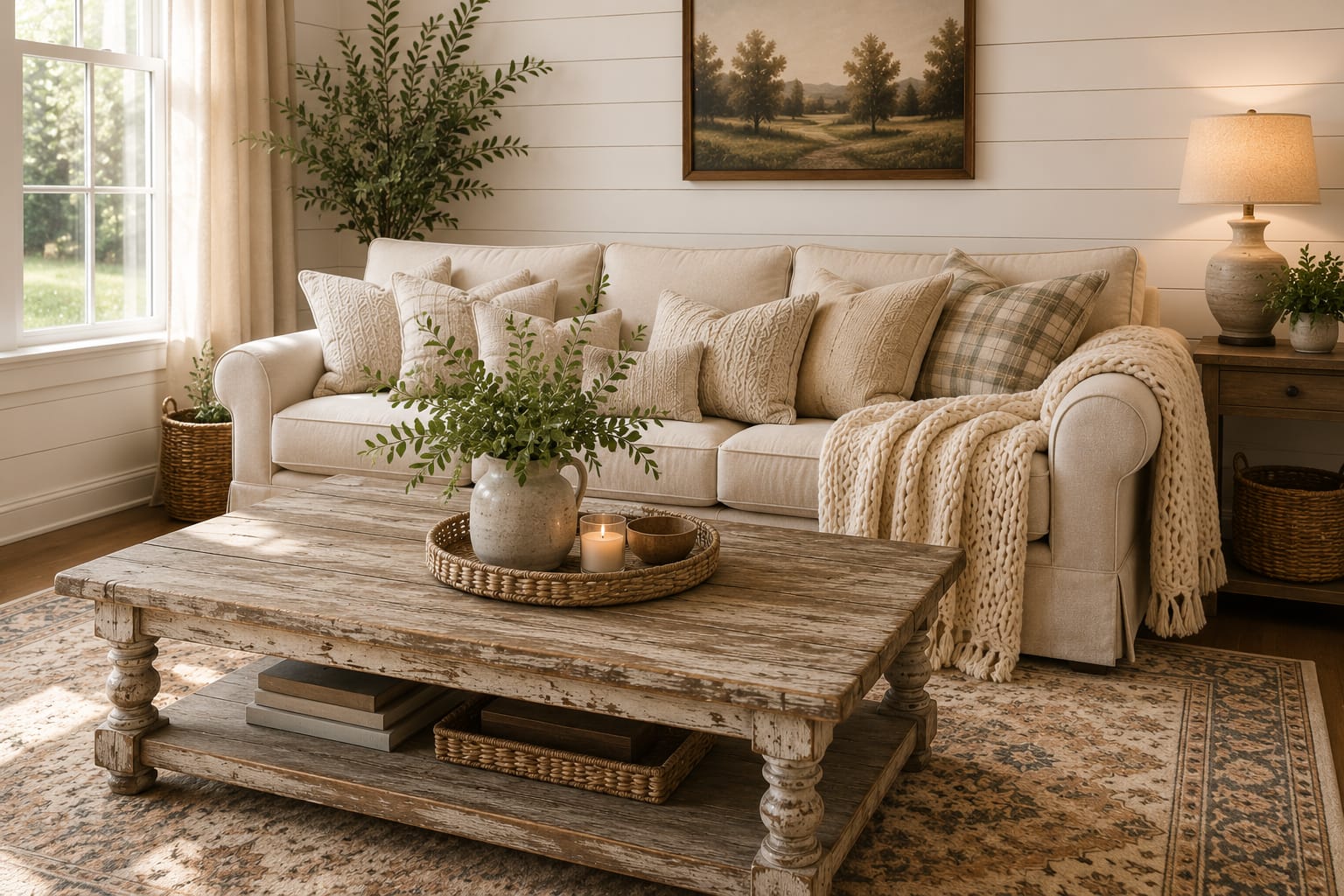 Farmhouse living room decor ideas featuring a distressed reclaimed wood coffee table.