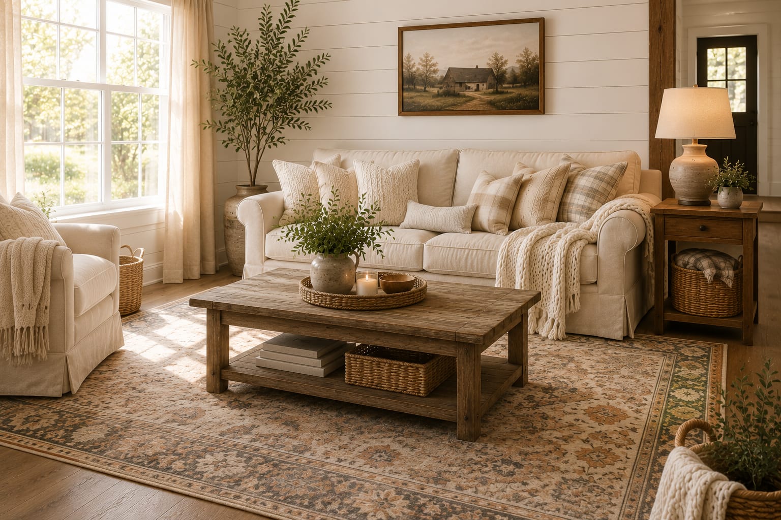 Farmhouse living room decor ideas featuring a vintage washable area rug, neutral linen sofa, reclaimed wood coffee table, and cozy farmhouse styling.