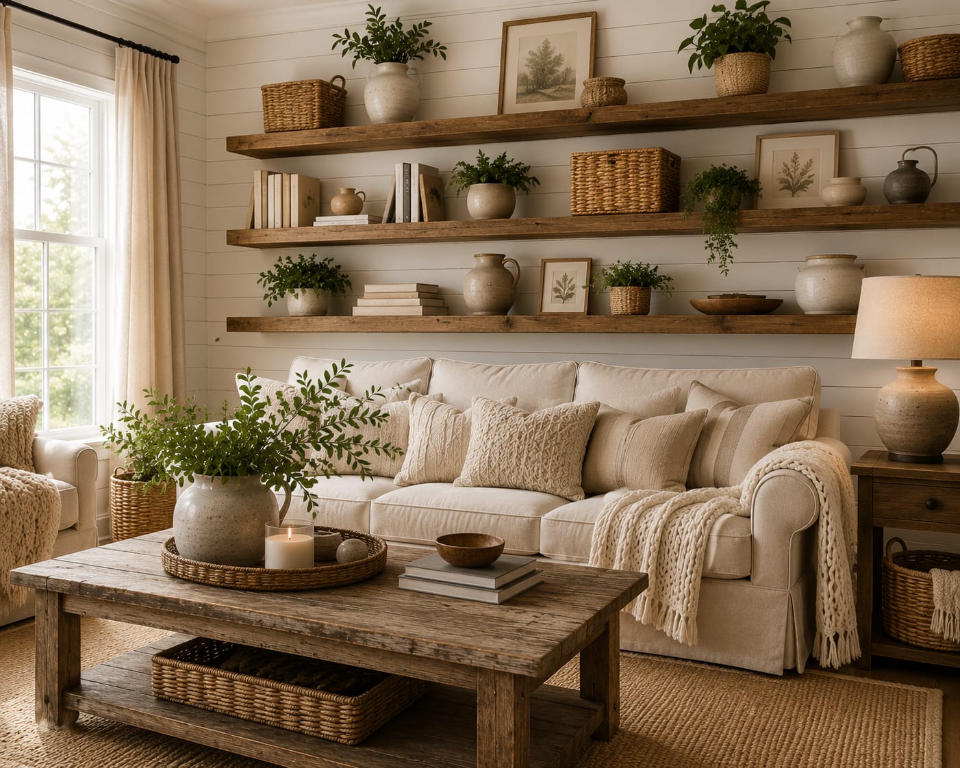 Farmhouse living room decor ideas with open floating wooden shelves, woven baskets, ceramic vases, books, and indoor plants.