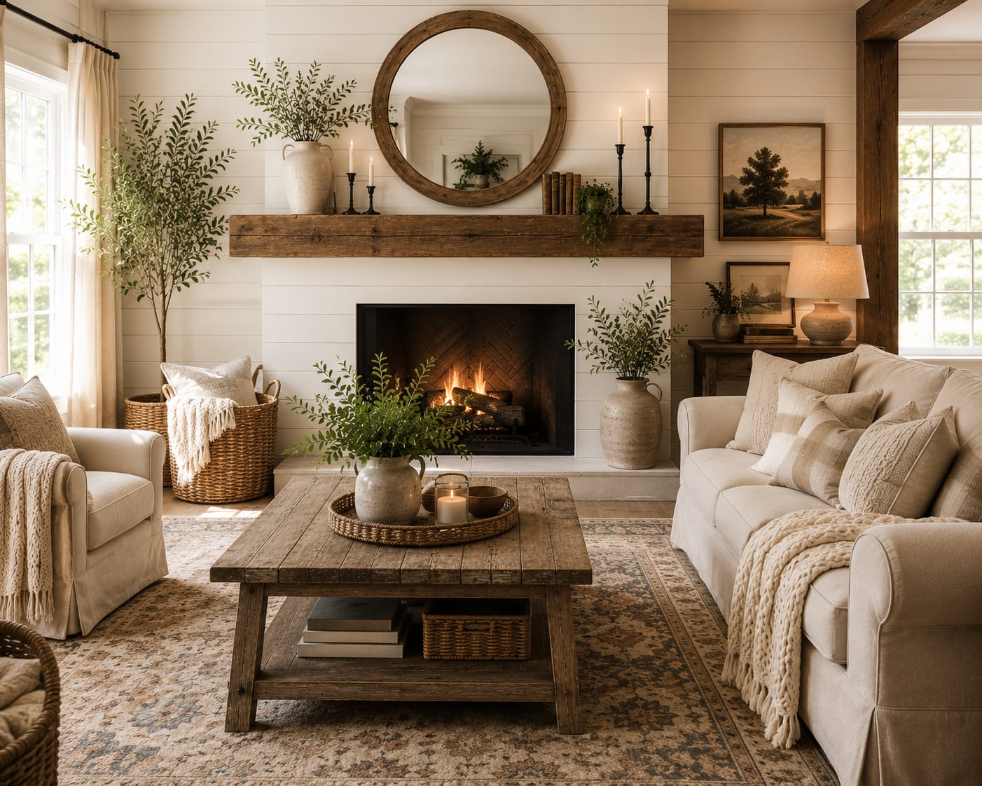 Farmhouse living room decor ideas featuring a reclaimed wood fireplace mantel, round mirror, and cozy neutral farmhouse styling.