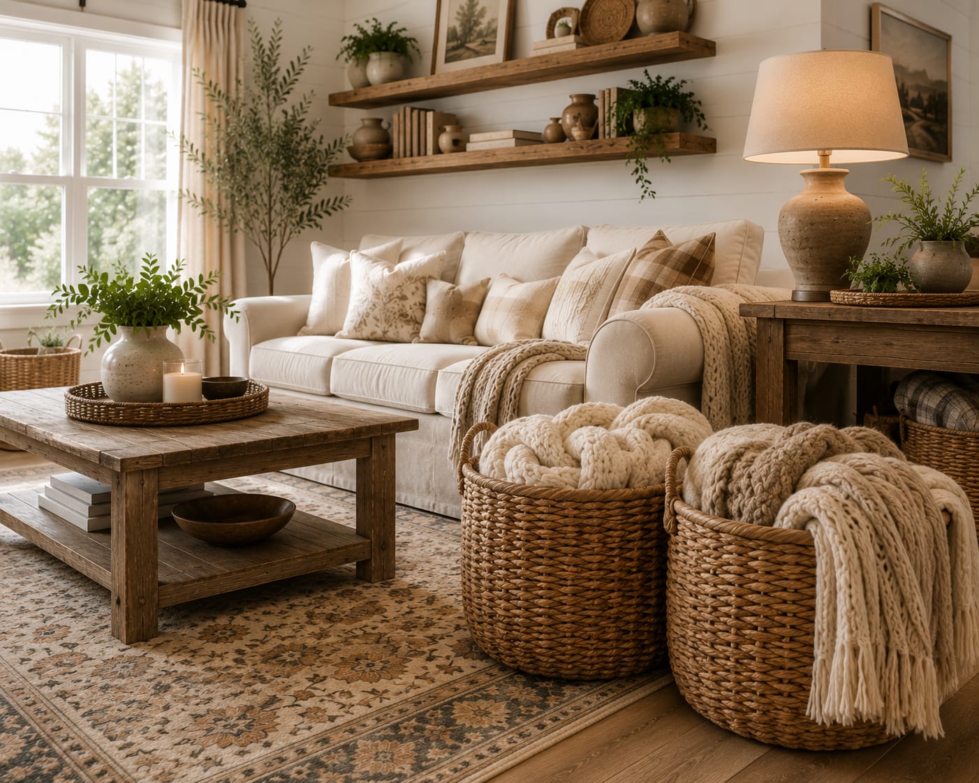 Farmhouse living room decor ideas with woven storage baskets, cozy throw blankets, and neutral farmhouse styling.