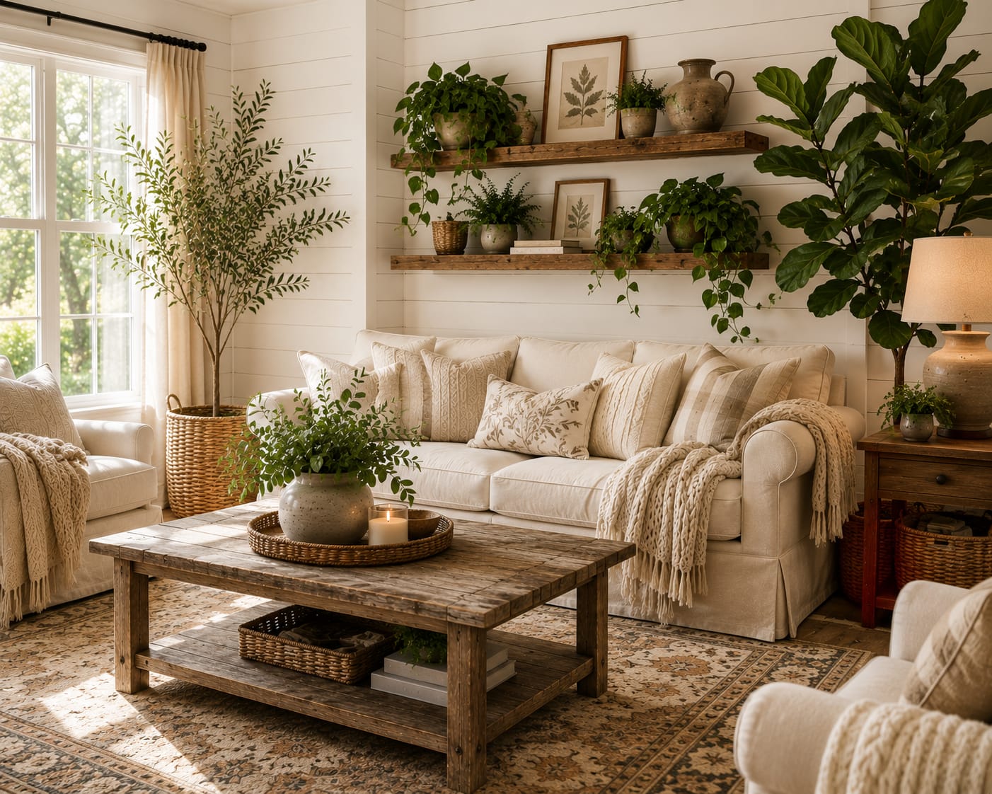 Farmhouse living room decor ideas with indoor plants, woven planters, and cozy neutral farmhouse styling.