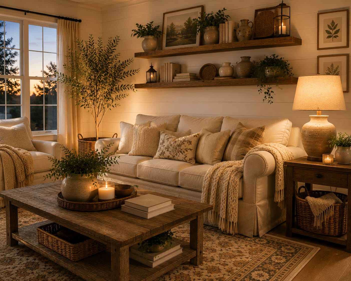 Farmhouse living room decor ideas with a warm ceramic table lamp, neutral sofa, and cozy farmhouse lighting.