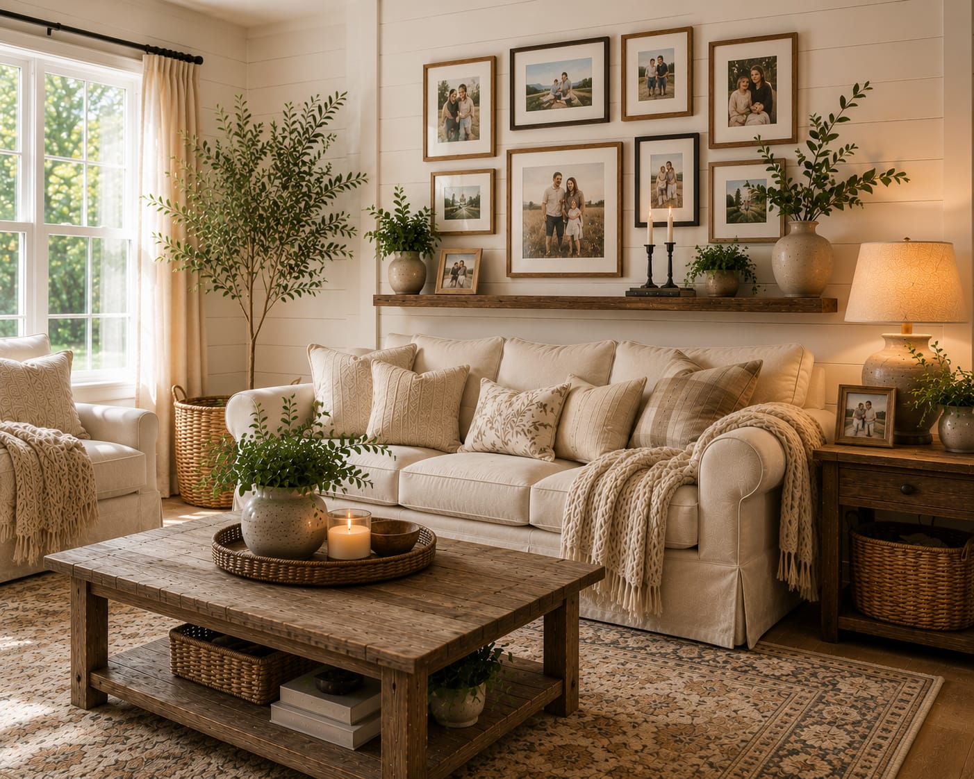 Farmhouse living room decor ideas with a family photo gallery wall, neutral sofa, and cozy modern farmhouse styling.