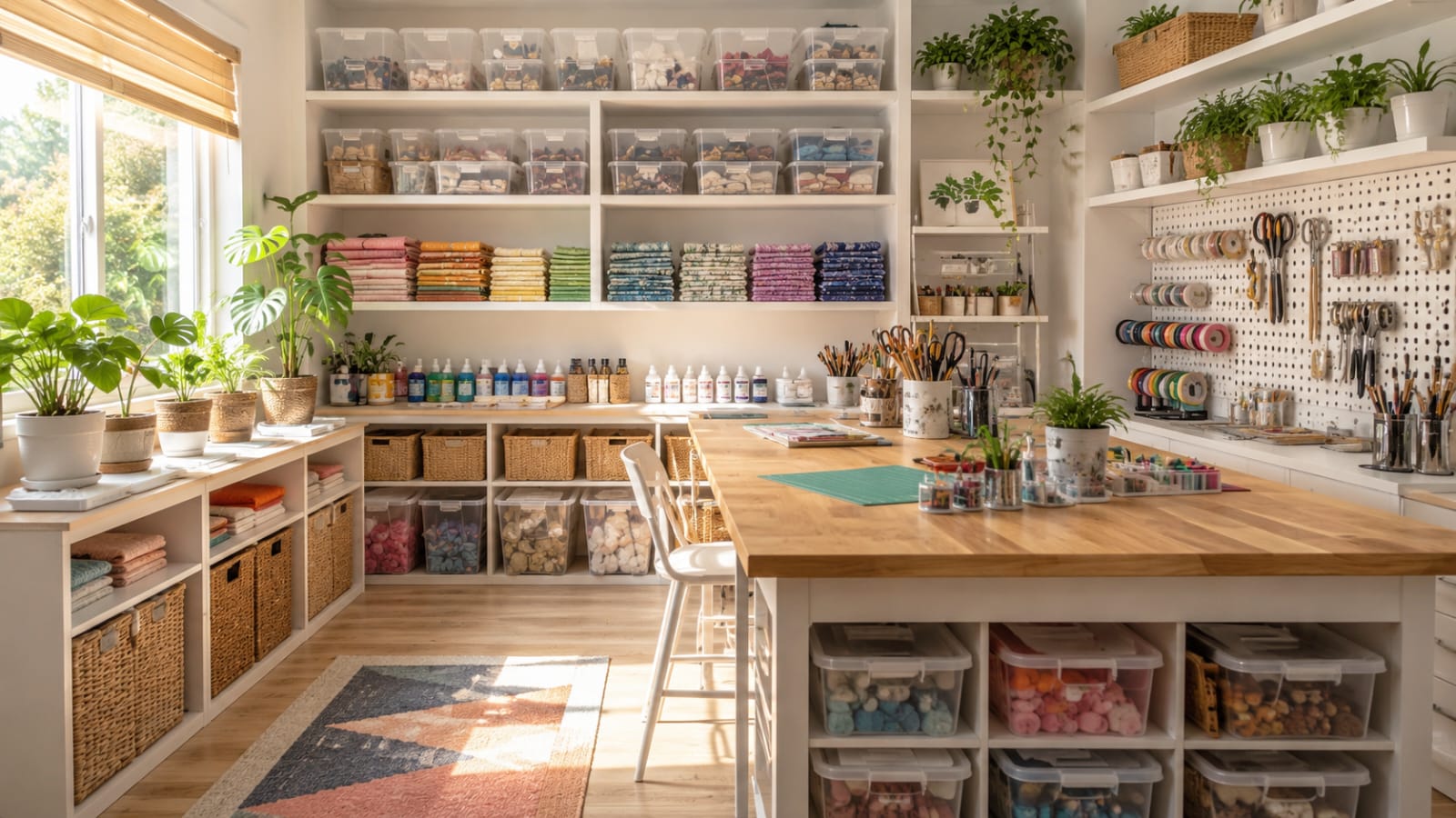 Craft room organization ideas with labeled storage bins, pegboard wall, and organized shelves