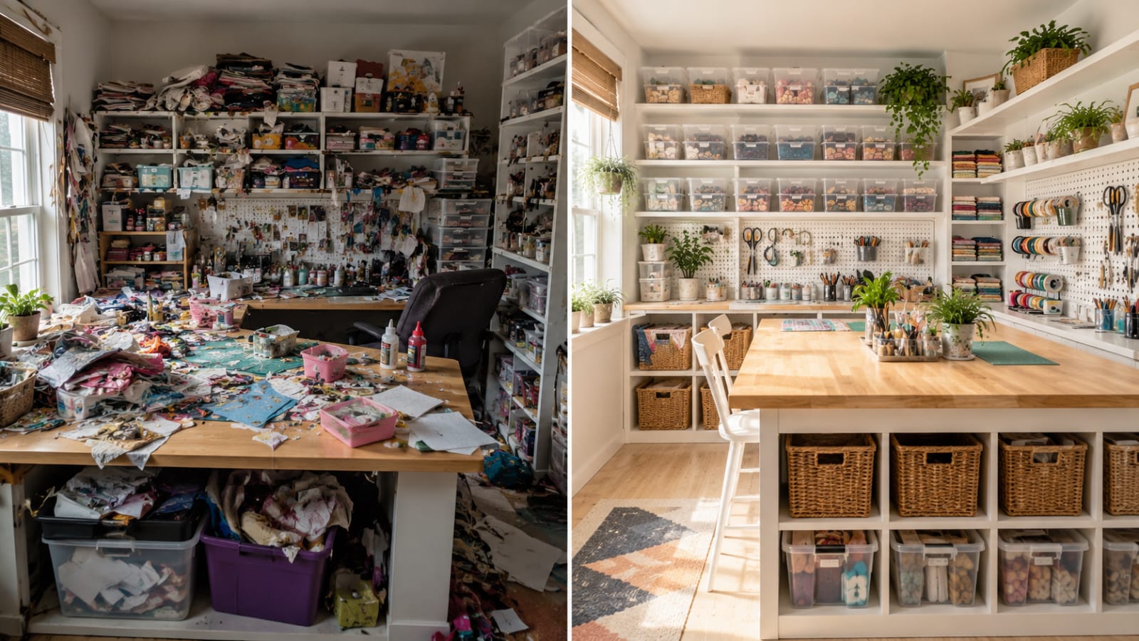 Before and after craft room makeover with smart storage and organization ideas