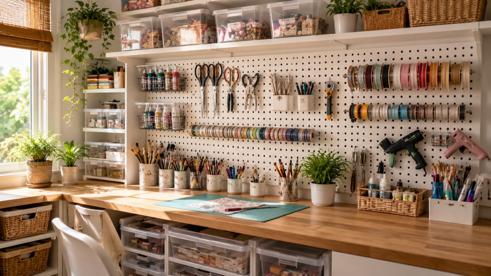 Pegboard craft room organization with neatly arranged tools and ribbon storage