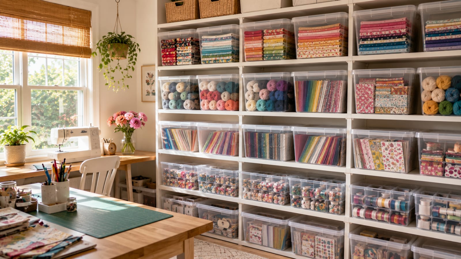 Clear storage bins organizing fabric, paper, and craft supplies on open shelves