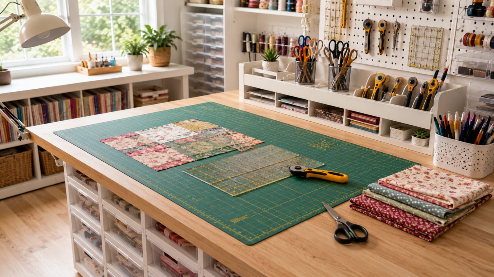 Dedicated craft cutting station with cutting mat, rotary cutter, and organized tools.