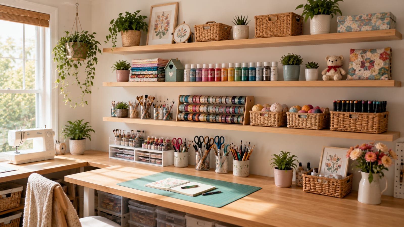 Floating wooden shelves displaying neatly organized craft supplies and decor.