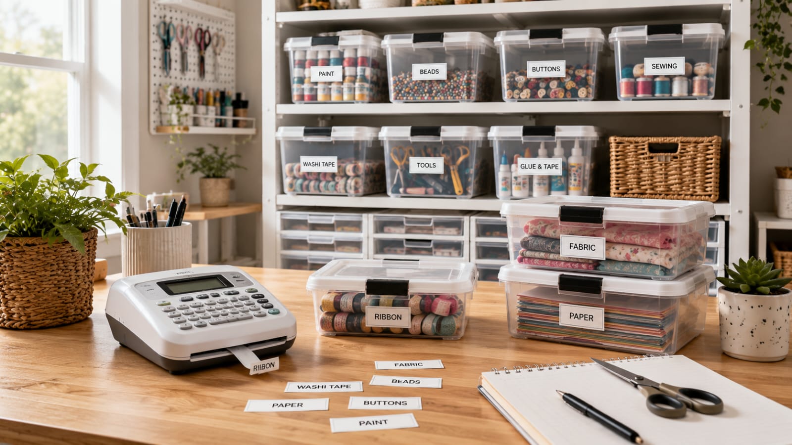 Label maker used to organize clear storage bins in a craft room.