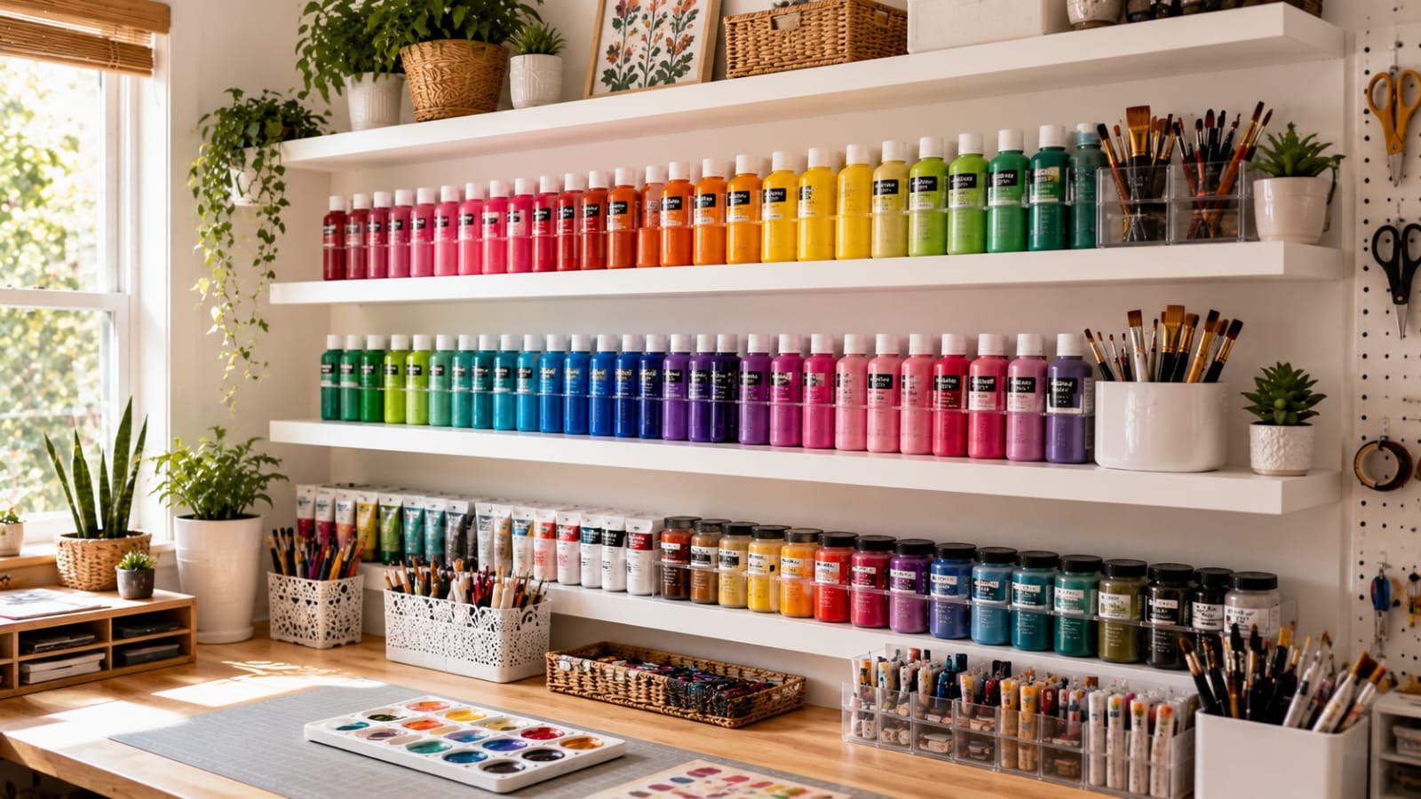Paint bottles organized by color on floating shelves in a craft room.