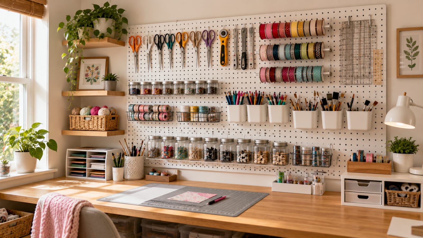 White pegboard above a craft desk with neatly organized crafting tools and storage cups.