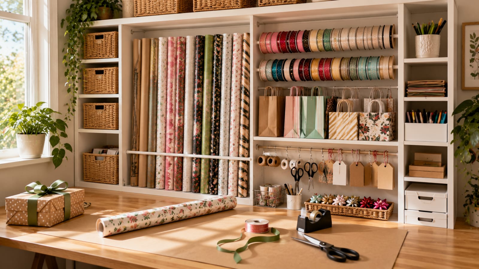 Organized gift wrapping station with wrapping paper, ribbons, and gift supplies.