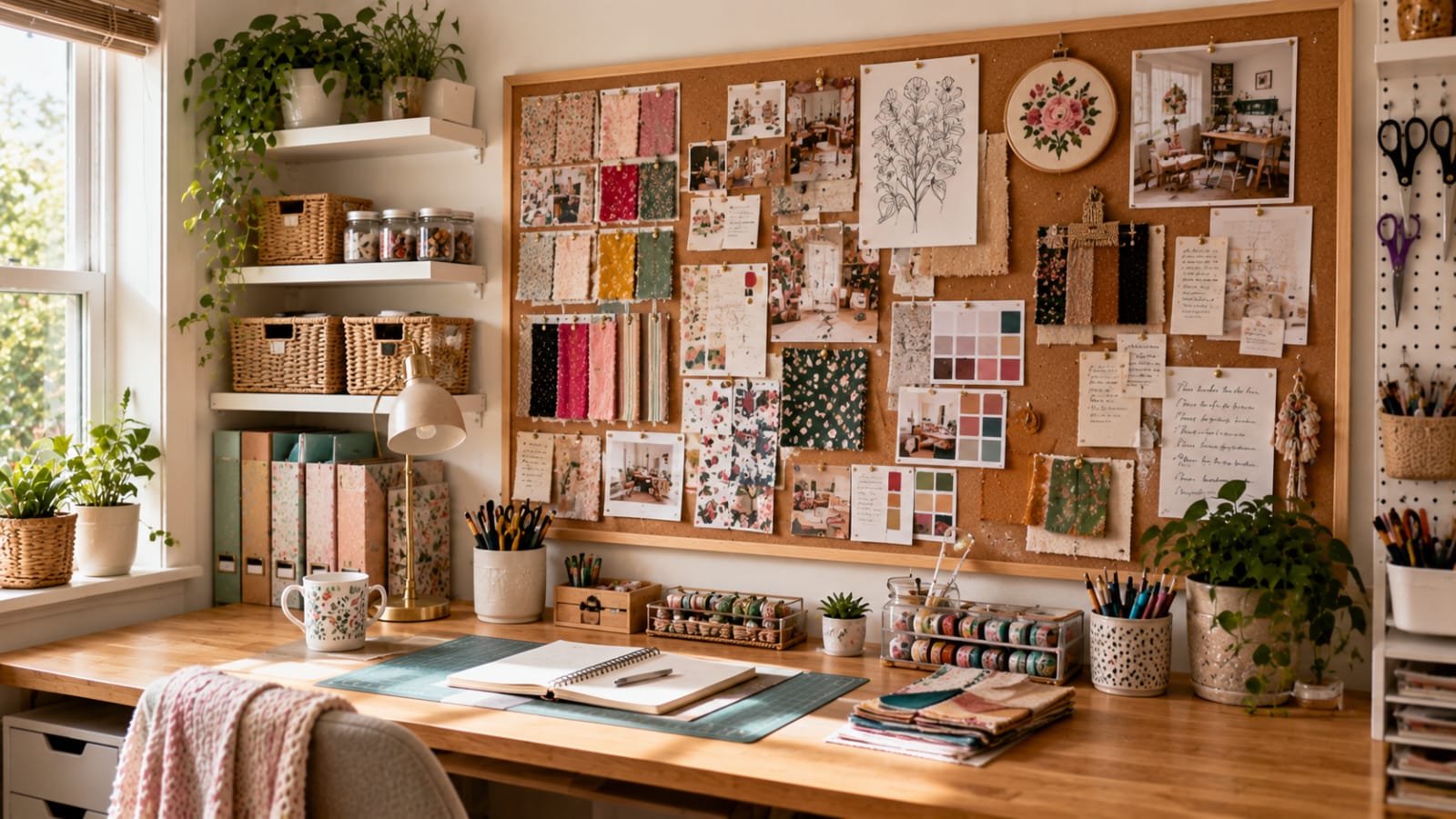Corkboard filled with craft inspiration, fabric swatches, patterns, and project ideas.