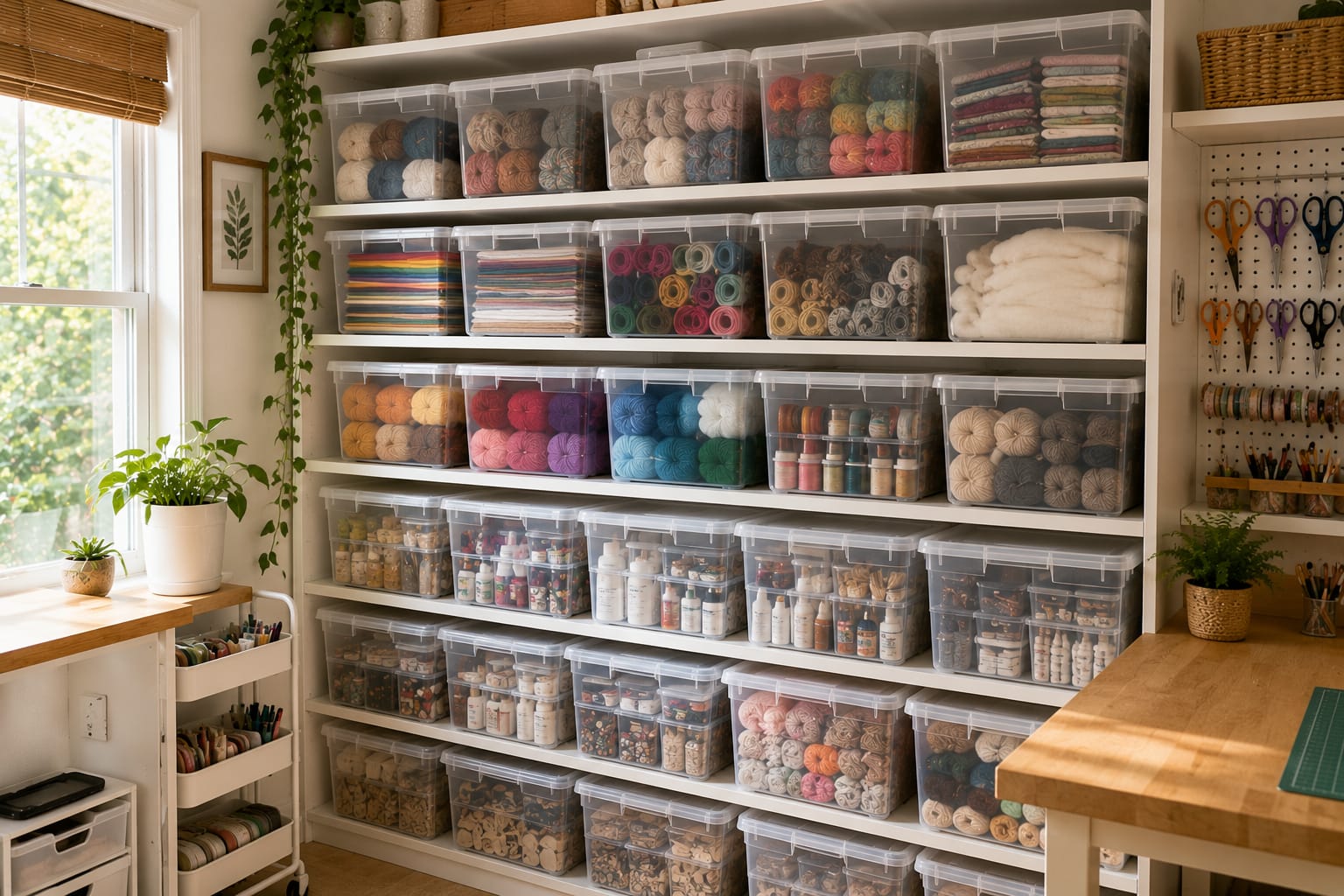 Stackable clear storage bins organizing bulk craft supplies on shelves.