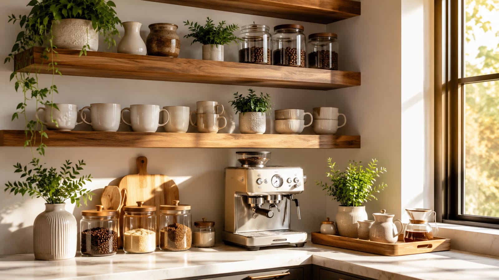 Cozy modern kitchen coffee station with floating wooden shelves, espresso machine, glass coffee canisters, ceramic mugs, and farmhouse decor.