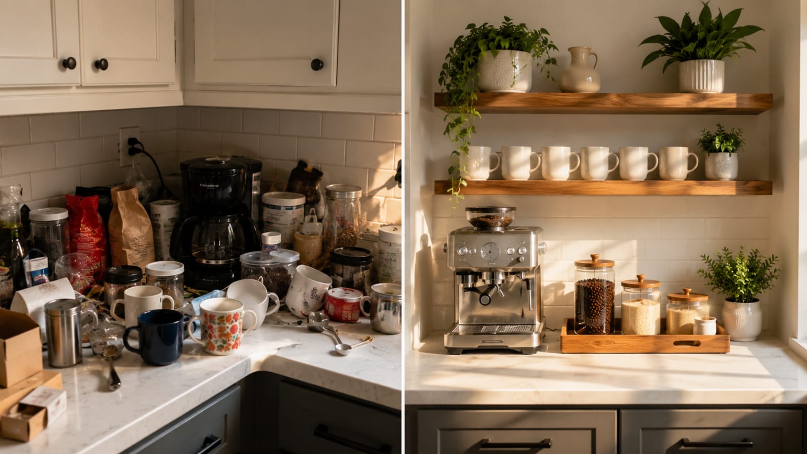 Before and after coffee station makeover showing a cluttered kitchen countertop transformed into a clean, organized coffee station with floating shelves, an espresso machine, glass canisters, mugs, and modern farmhouse decor."