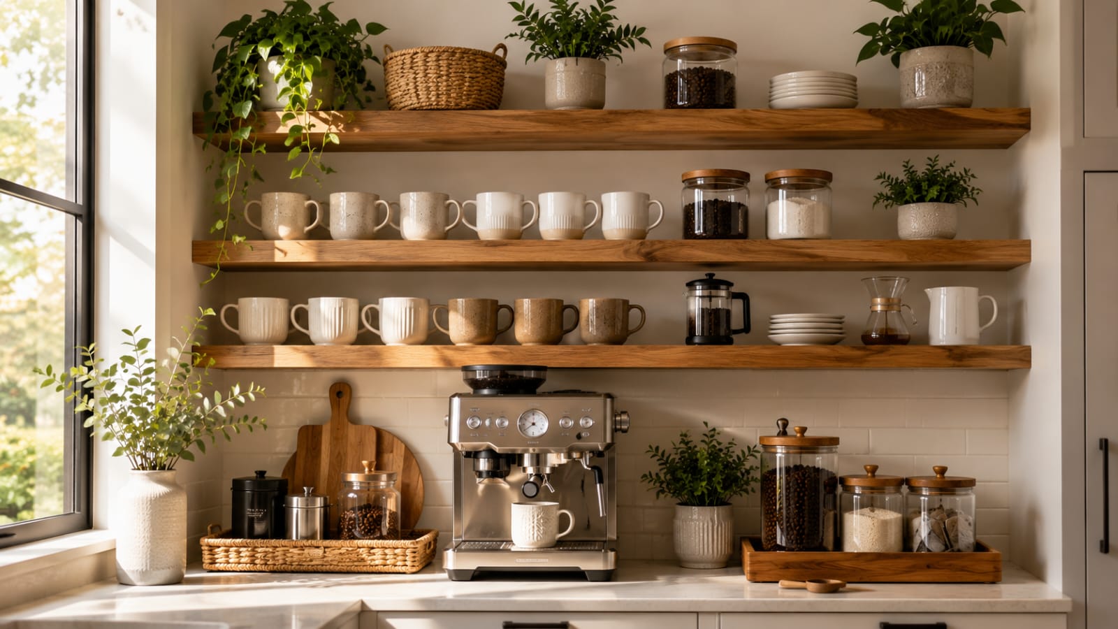 Open shelving coffee station with floating wooden shelves, white mugs, glass coffee canisters, and a modern espresso machine in a bright kitchen.