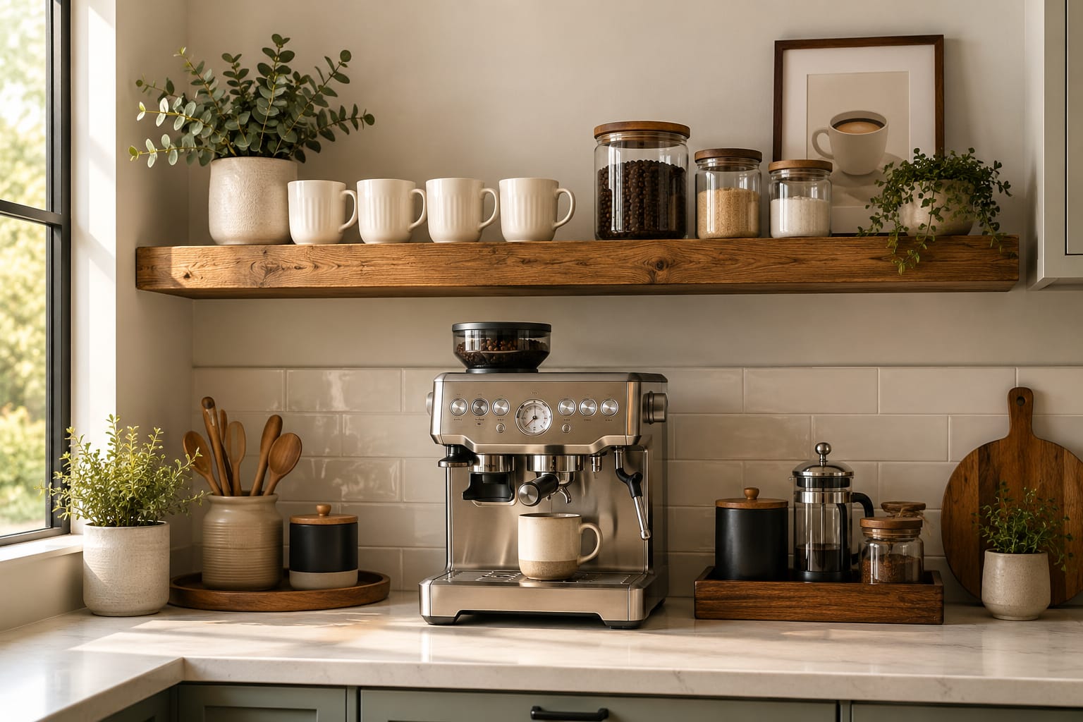 Floating wooden shelf above a coffee station with white mugs, glass coffee canisters, and a modern espresso machine in a cozy kitchen.