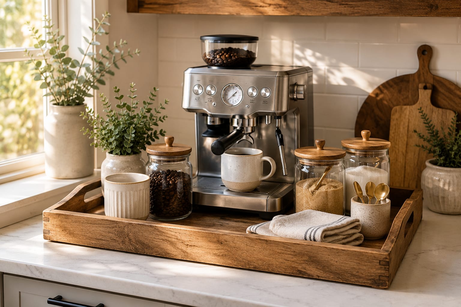 Coffee station organized with a wooden serving tray, espresso machine, glass canisters, white mugs, and modern farmhouse decor.