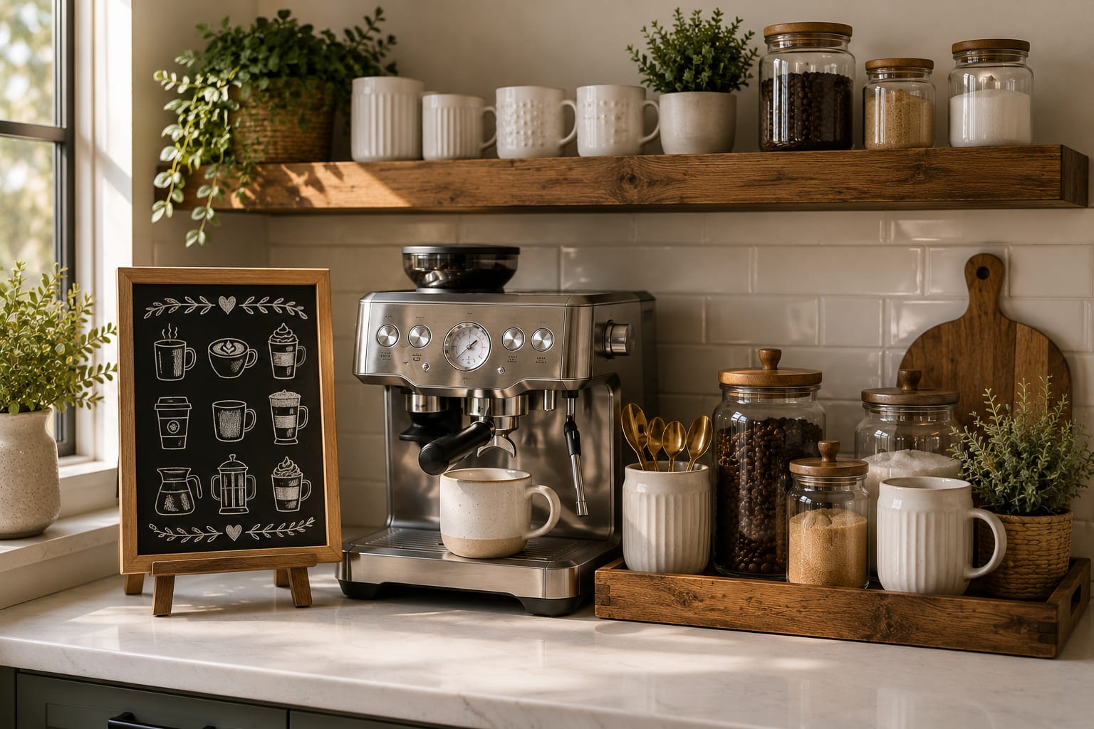 Coffee station with a decorative chalkboard menu sign, espresso machine, white mugs, and glass coffee canisters in a cozy kitchen.
