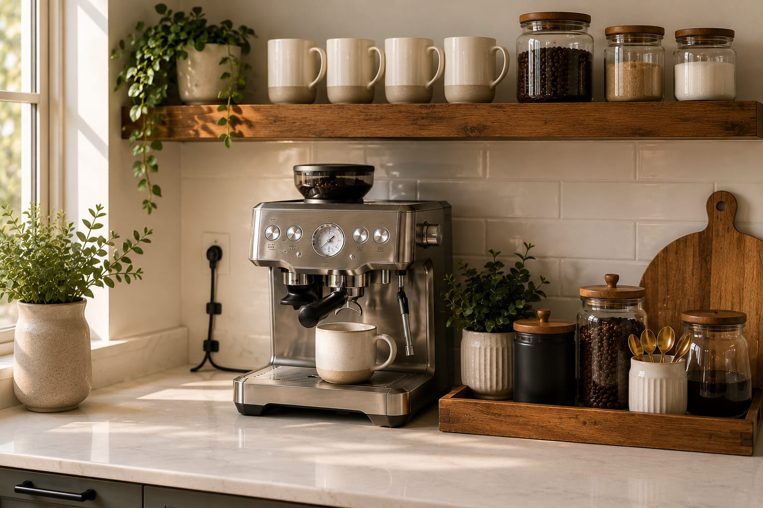 Coffee station with hidden cords using a cable organizer, featuring a modern espresso machine, floating shelves, and organized kitchen decor.