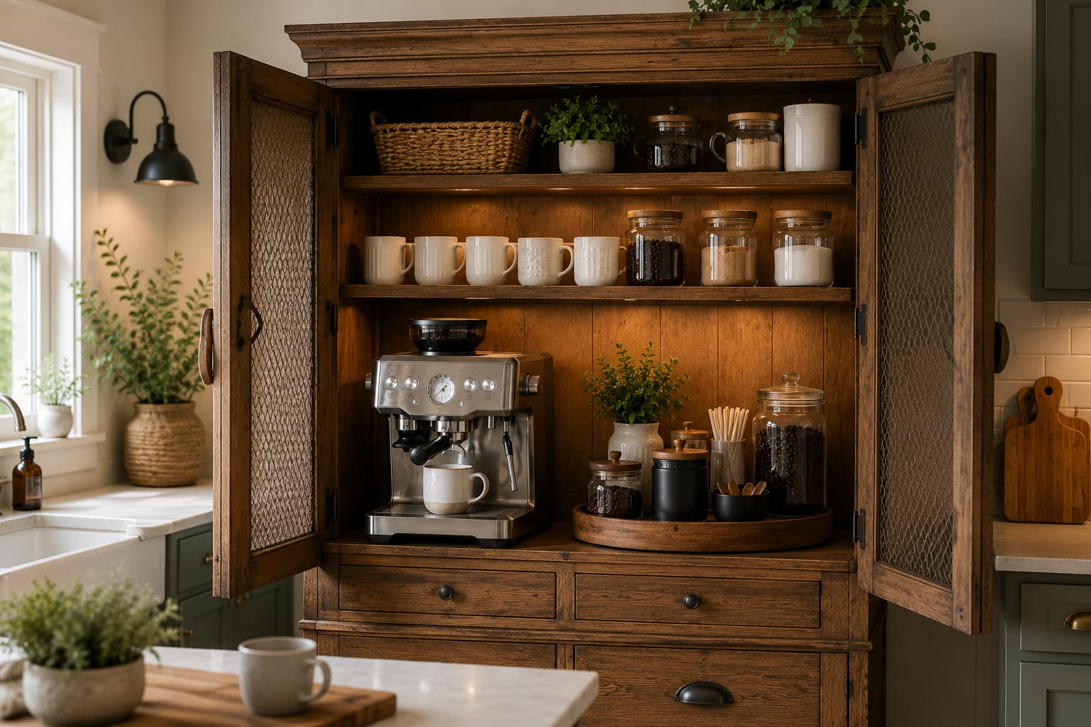 "Vintage wooden bar cabinet transformed into a cozy coffee station with an espresso machine, white mugs, glass coffee canisters, woven baskets, and decorative greenery in a modern farmhouse kitchen."