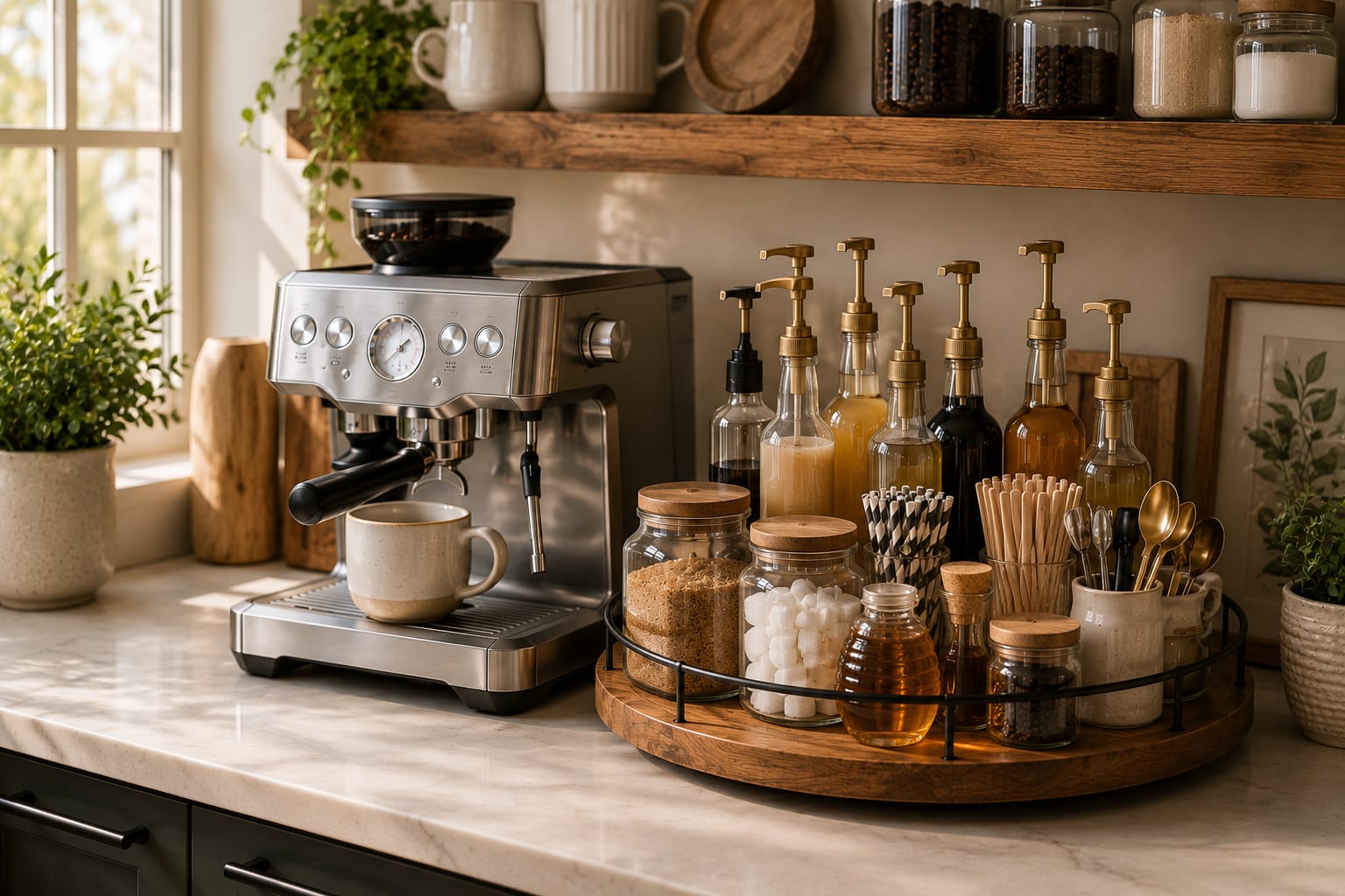 Modern coffee station with a rotating lazy Susan organizer holding coffee syrups, sugar jars, honey, stir sticks, and accessories beside an espresso machine on a clean kitchen countertop."