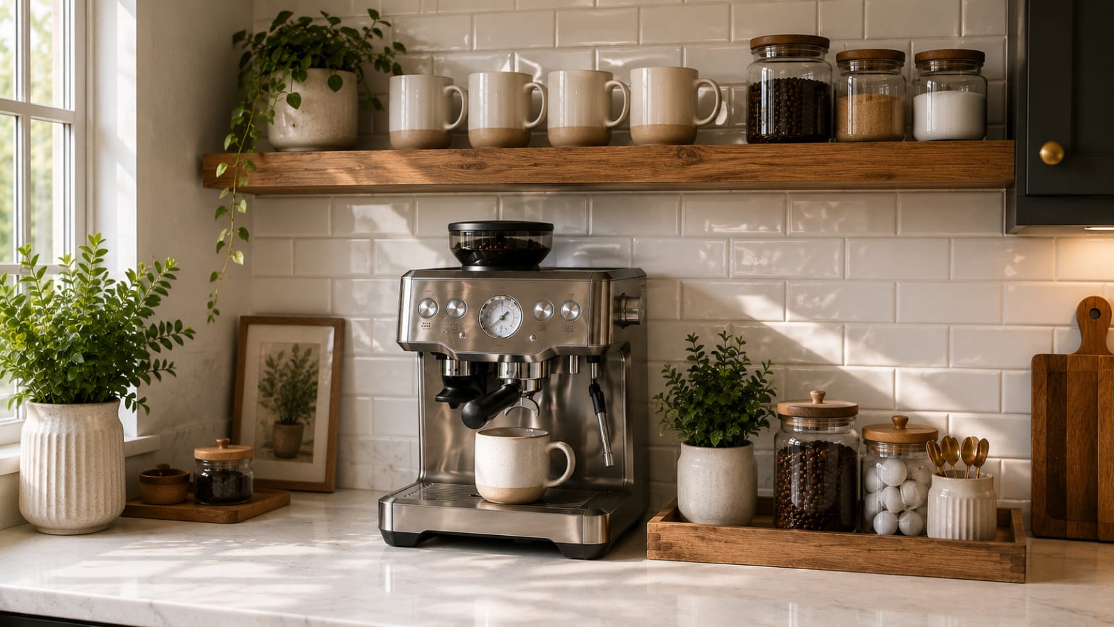 Modern coffee station with a removable white subway tile backsplash, espresso machine, floating wooden shelf, glass coffee canisters, ceramic mugs, and decorative plants in a cozy farmhouse kitchen."