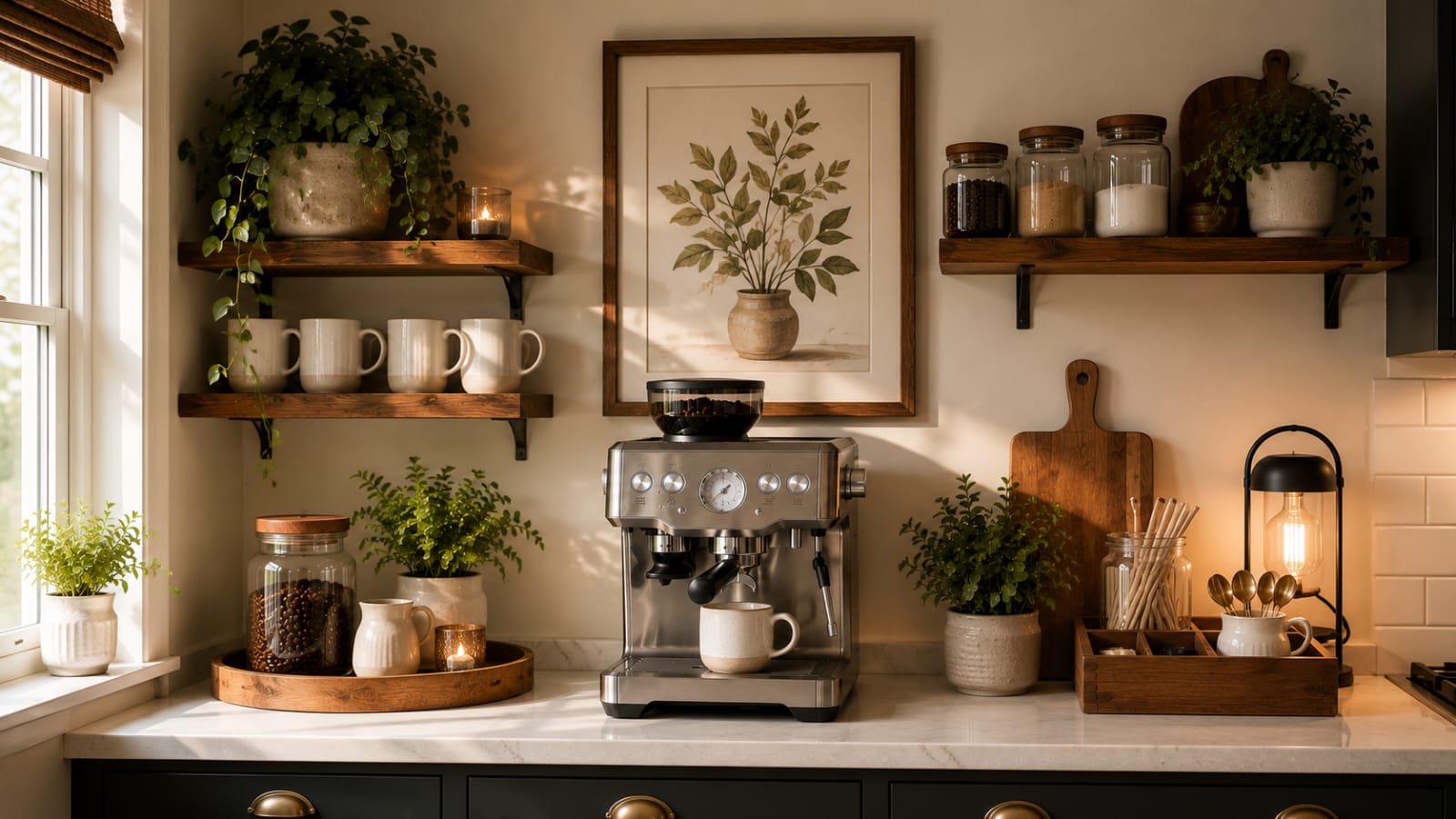 Cozy modern farmhouse coffee station with framed botanical wall art, espresso machine, floating wooden shelves, glass coffee canisters, ceramic mugs, and decorative plants on a white countertop.