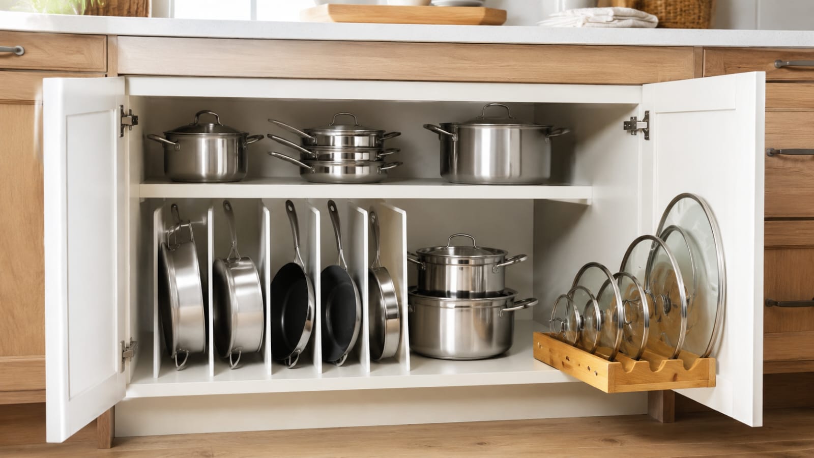"Pot and pan storage ideas with vertical dividers and lid organizer inside a modern kitchen cabinet"