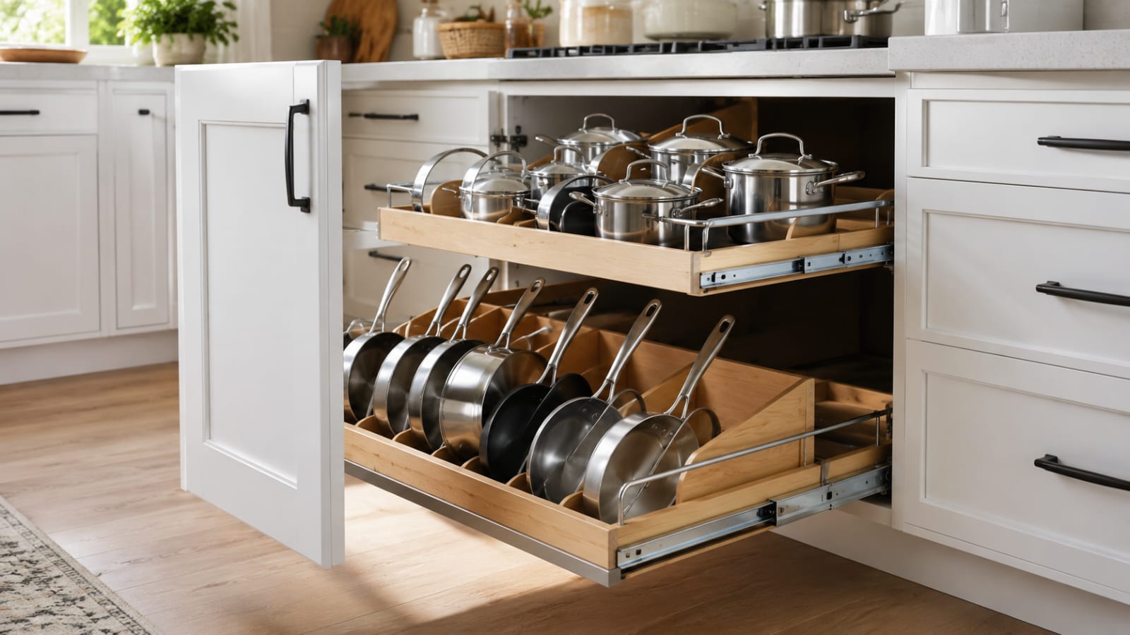 Pull-out cabinet organizer storing pots and pans neatly in a modern kitchen