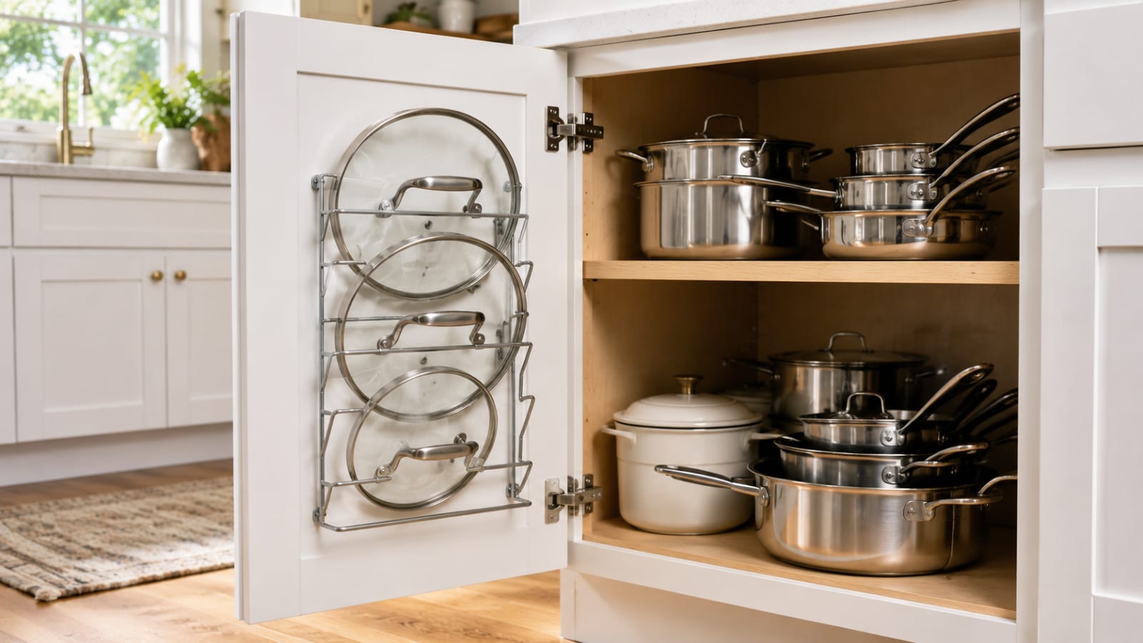 Cabinet door organizer storing pot lids inside a modern kitchen cabinet